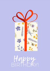 Vector Happy Birthday trendy Greeting Card with gift and typography design. Floral universal elegant artistic template. For poster, business card, invitation, flyer, banner, email header