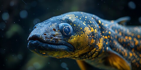 Close-up of the head of a tropical fish in an aquarium