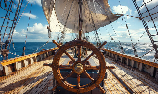 Standing behind the wheel of a pirate sailing ship, you can experience the feeling of being a captain, with a panorama of the deck gliding over the waves and the open sea