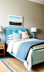 Accent Bed with blue and beige bedding. Boho, farmhouse interior design of modern bedroom.