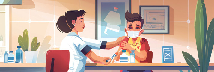 Cartoon illustration of a doctor administering a vaccine to a patient. The doctor is holding a syringe while the patient is sitting in a chair receiving the injection