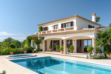 Fototapeta premium A beautiful white villa under a clear blue sky at summer time