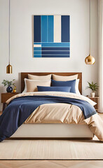 Accent Bed with blue and beige bedding. Boho, farmhouse interior design of modern bedroom.