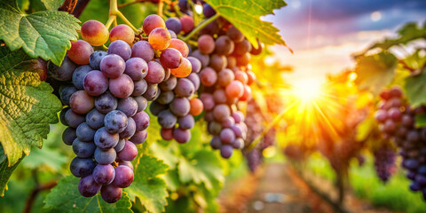 Golden Hour Grapes: Ripe Fruits in Lush Vineyard - Powered by Adobe