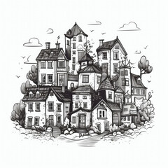 A black and white drawing depicting a town situated on a hill, with various buildings and trees