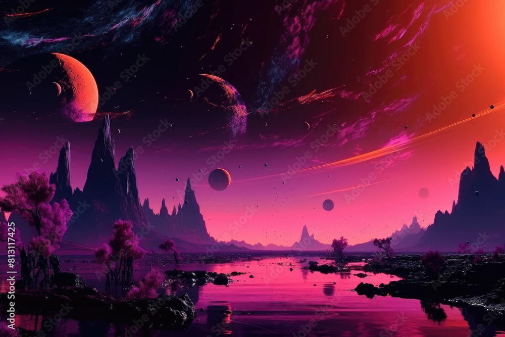 Poster a surreal alien landscape featuring multiple planets in the sky and water bodies on the surface, cre