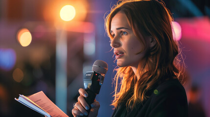 Woman Speaking Into Microphone at Event