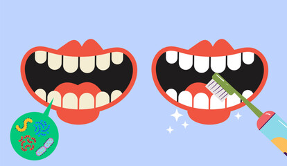 Brush clean teeth hygiene steps instruction isolated set. Vector flat cartoon graphic design illustration