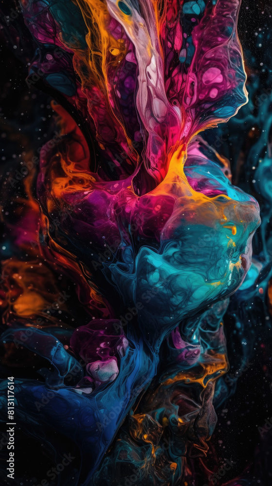 Poster abstract swirls of vibrant liquid colors against a stark black backdrop, creating a visually strikin