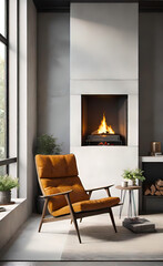 An accent chair against a white wall with a fireplace. Loft interior design of a modern living room. background for smartphone and advertising