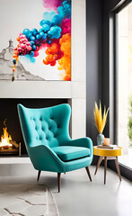 An accent chair against a white wall with a fireplace. Loft interior design of a modern living room. background for smartphone and advertising