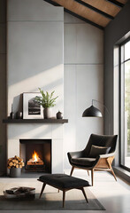 Fototapeta premium An accent chair against a white wall with a fireplace. Loft interior design of a modern living room. background for smartphone and advertising
