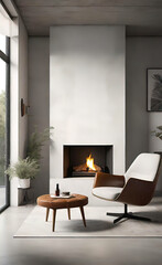 An accent chair against a white wall with a fireplace. Loft interior design of a modern living room. background for smartphone and advertising