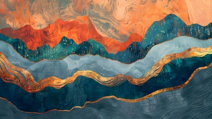 Evoking Warmth: Vibrant Tapestry with Burnt Orange, Deep Teal, and Golden Shimmer. Concept Vibrant tapestry, Burnt Orange decor, Deep teal accents, Golden shimmer details, Warm color palette