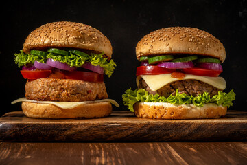 Two fresh tasty burgers on wooden rustic table. Food background.