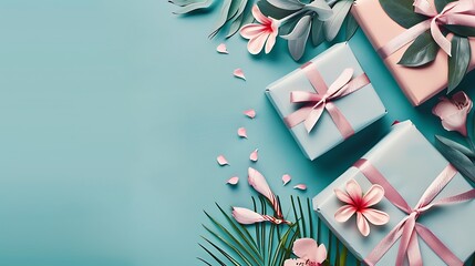 Gift and present background, Gift and present decoration, Christmas, Birthday, Happy New Year, Copy space,Space for text,Generative AI.ギフトやプレゼントの背景、ギフトやプレゼントの装飾、クリスマス、誕生日、ハッピーニューイヤー、コピースペース,テキスト用スペース