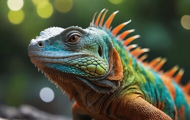 Fototapeta premium a close up of an iguana s face with a green and orange head