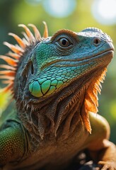 Obraz premium Closeup of a vibrant iguana with its mouth open, showcasing its colorful scales