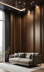 Luxurious interior with vertical lambrene panels in a rich walnut finish. modern and elegant space, luxury interior design, natural wood textures, modern elegance,