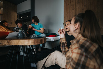 A cozy indoor setting with a group of friends engaged in conversation, laughter, and enjoyment.