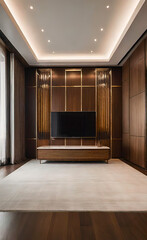 Luxurious interior with vertical lambrene panels in a rich walnut finish. modern and elegant space, luxury interior design, natural wood textures, modern elegance,
