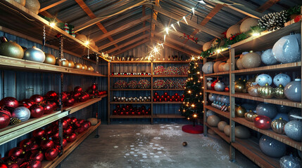 Empty holiday decoration storage shed with shelves for ornaments and lights, all in order but no festive spirit.