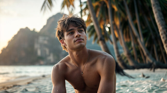 A guy with blond hair is sitting on the beach.