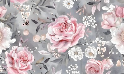 floral grey rose pink and white watercolor floral pattern, vintage style, seamless pattern wallpaper background