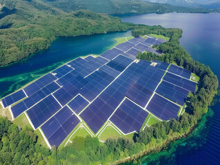 Aerial View of Floating Solar Panels on a Lake