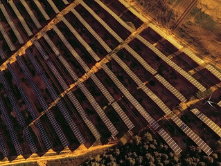Aerial View of Solar Panels at Sunset in Rural Area