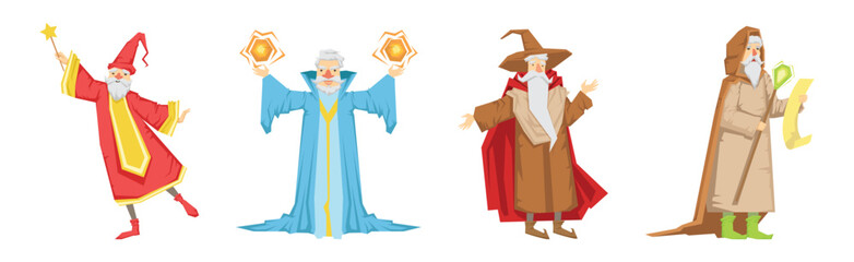Naklejka premium Different Wizard Male Character in Robe Do Spell Vector Set