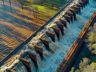 Aerial View of Flooded Park Near Overflowing Dam