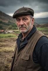 A man in overalls and a flat cap stands in the grassy steppe under a cloudy sky