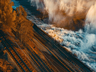 Massive Water Spray Over Rail Tracks by Dam