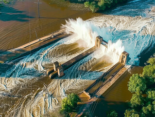 Turbulent Water Erupting from Dam Spillways