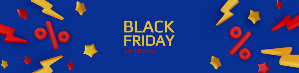 Black Friday super sale. Promo background with realistic 3d cartoon style elements, black gift, percent symbols, stars, percent symbols. Promotion banner, web poster. vector illustration