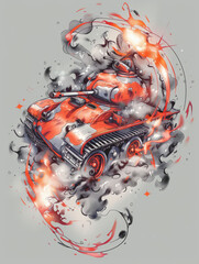 Dynamic Illustration of Classic Tank Engulfed in Fiery Smoke