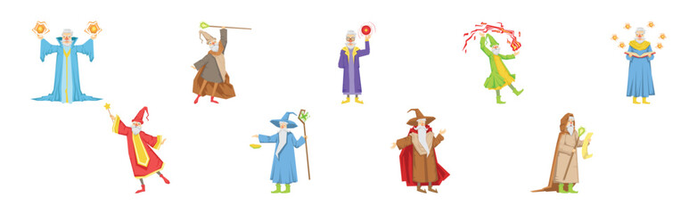 Different Wizard Male Character in Robe Do Spell Vector Set