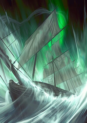 Ghost Ship Sailing Through Mystical Green Stormy Seas