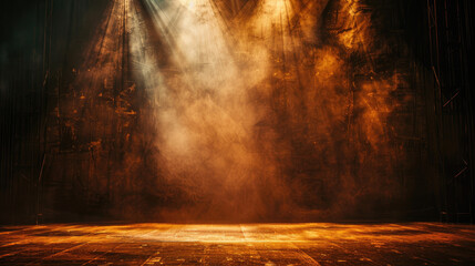 Empty concert stage with illuminated spotlights and smoke. Stage background , white spotlight and...