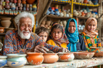Elderly Potter Teaching Pottery to Children in a Rustic Workshop