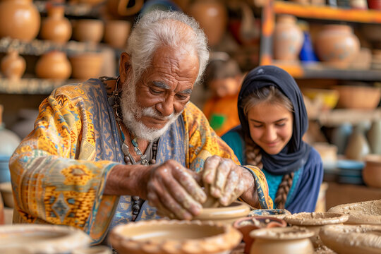 Elderly Artisan Teaching Pottery to Young Girl
