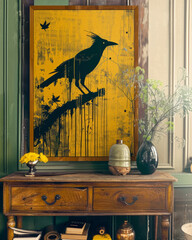 Stark Black Raven Silhouette on Vibrant Yellow Background