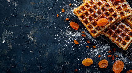 Orange peel and dried apricots waffles on a dark background