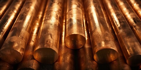 Industry, A close-up of shiny copper bars with polished surfaces, Detailed view of metallic copper bars with a reflective surface