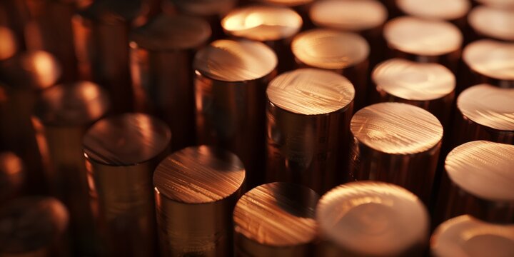 Industry, A close-up of shiny copper bars with polished surfaces, Detailed view of metallic copper bars with a reflective surface
