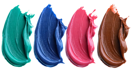 Vibrant turquoise, blue, pink, and brown acrylic paint smears on a clear background in high resolution