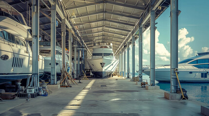 Empty luxury yacht maintenance shed with tools for polishing and repair, clean and orderly, waiting for sea-bound vessels.
