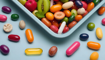 Fruits, vegetables nuts and beans inside a container. Medicine & health concept. Nutritional supplements and multi vitamin supplements in a container. Natural medication concept.