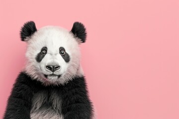 A panda bear is looking at the camera with a sad expression with copy space
